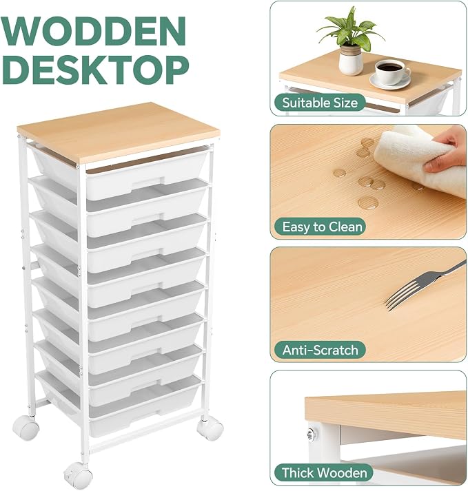 Ekisemio Rolling Cart with 8 Drawers, Storage Drawers Cart with Wooden Tabletop and Lockable Wheels, Utility Cart for Living Room, Office, Classroom, Craft Room, White