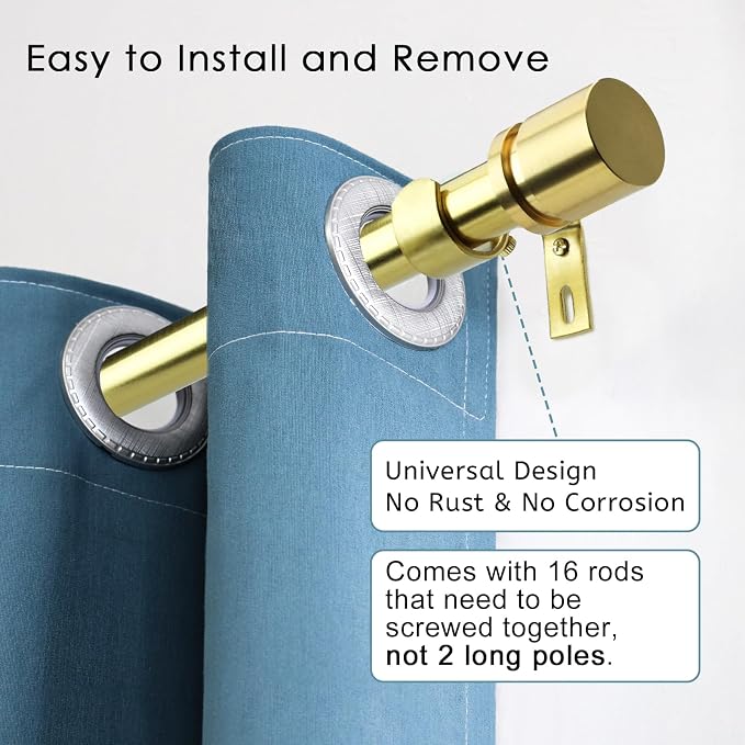 Byondeth Curtain Rods for Windows 16 to 240 Inches Adjustable Length 1 Inch Diameter Window Curtain Rod with Aluminium Finials, Gold