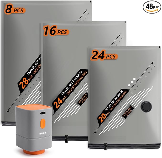 Rechargeable Wireless Pump Travel Vacuum Bags Set,Vacuum Storage Bags Portable Space Saver Bags for Travel, Home, Vacuum Compression Packing Seal for Clothes Seasonal Storage 48 Combo Set