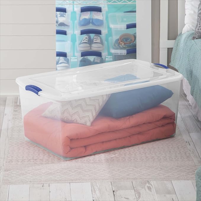 105 Quart Extra Large Clear Plastic Storage Bin, Stackable Container With Blue Accent Latch Lid, See-Through Lidded Box For Seasonal Clothes, Bedding, Camping Gear, Home Closet