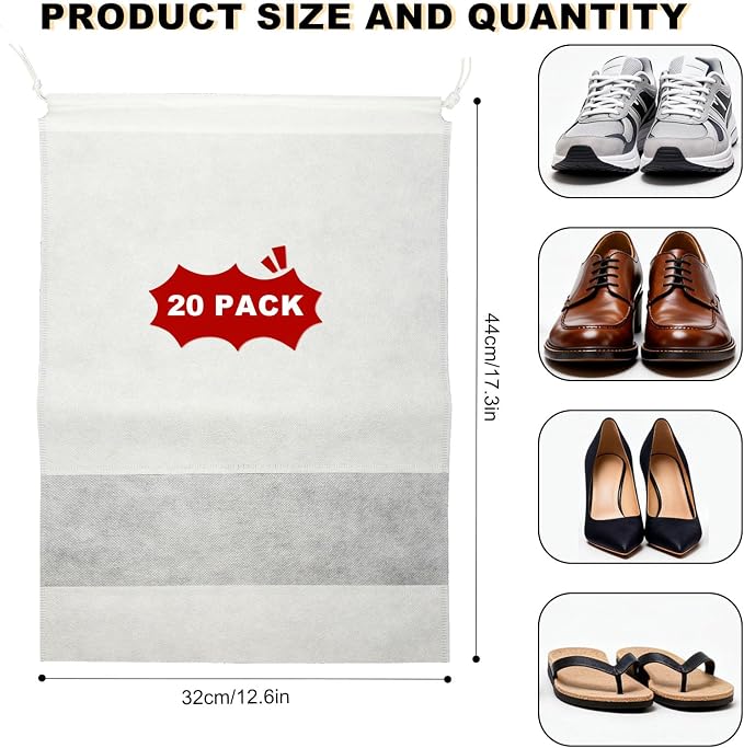 20 Pack Shoe Bags for Travel, 17" x 12.6" Drawstring Shoe Organizers with Clear Window, Breathable Non-Woven Dustproof Pouches for Luggage & Closet (White)