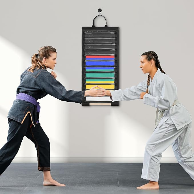 Wall Hanging Belts Display Rack for 12 Belts, Dust-Free Martial Arts Organizer with Bamboo Medal Hanging Bar, Lightweight Jiu Jitsu Belt Hanging Holder for BJJ, Martial Arts Learners