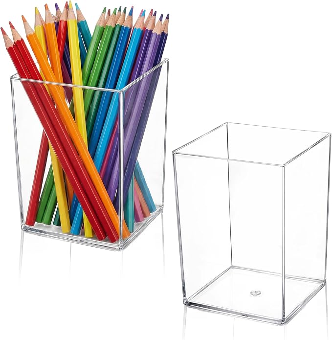 2 Pcs Pen Holder Acrylic Cylinder Container Stylish Clear Acrylic Desk Organizer Makeup Brush Storage Desktop Pencil Cup Clear Stationery Organizer for Home School Office Supplies Countertop