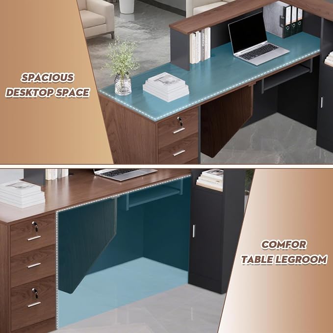 L-Shaped Large Wooden Reception Desk, Modern Front Desk Reception Counter with Lockable Drawers, Storage & Keyboard Tray for Office Lobby Checkout (Right-Brown + Black, 71''L x 34''W x 41''H)