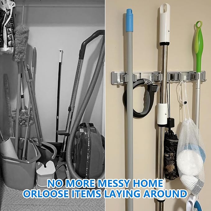reliahom Broom Holder Wall Mount Mop Hanger Tools organizer 4Racks 5Hooks | Adjustable Stick or Screw Mop Broom Wall Hanging Tool Storage Rack Space-saving for Garage,Kitchen,Laundry Room,Garden,Gray