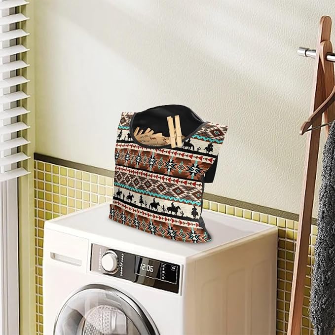 Aztec Tribal Print Clothespin Organizer Bag Hanging Laundry Bag Portable Clothespin Storage with Hanger Hook 2 Ropes for Hanging and Effortlessly Sliding on Clothesline