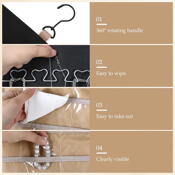 2 Pack Hanging Jewelry Organizer Storage with Hanger and 48 Pockets, Metal Necklace Hooks Double-Sided Jewelry Holder for Earrings, Necklaces, Rings on Closet, Wall, Door, Large, Black