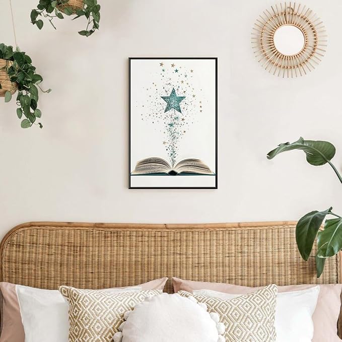 Magical Book Bookish Star Art Aesthetic Poster Canvas Wall Art Decoration Living Room Home Decor Bedroom Decoration Poster black framed12x18inch