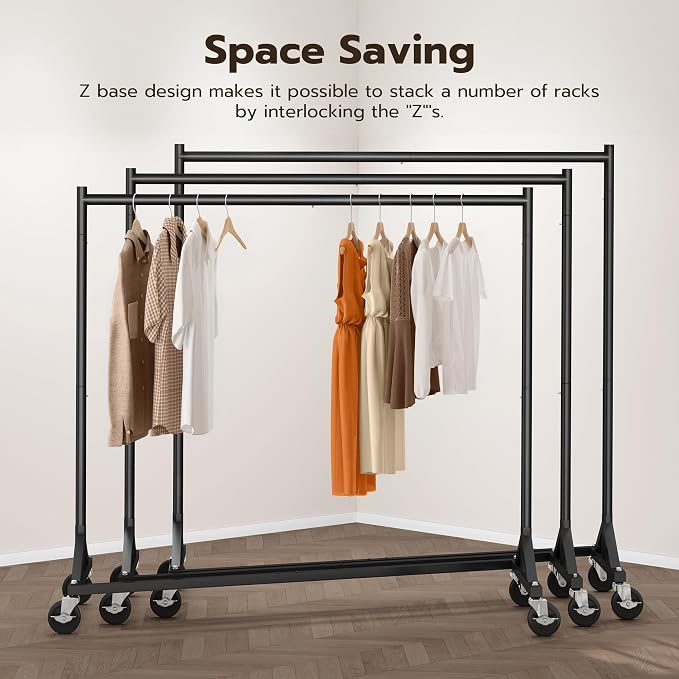 HOKEEPER Z Rack for Clothes Heavy Duty Clothing Rack Hold 500 LBS Commercial Garment Rack with Wheels Rolling Portable Clothes Rack for Bedroom, Laundry Room, Balcony 24"D x 63"W x 71"H, Black 2 Packs