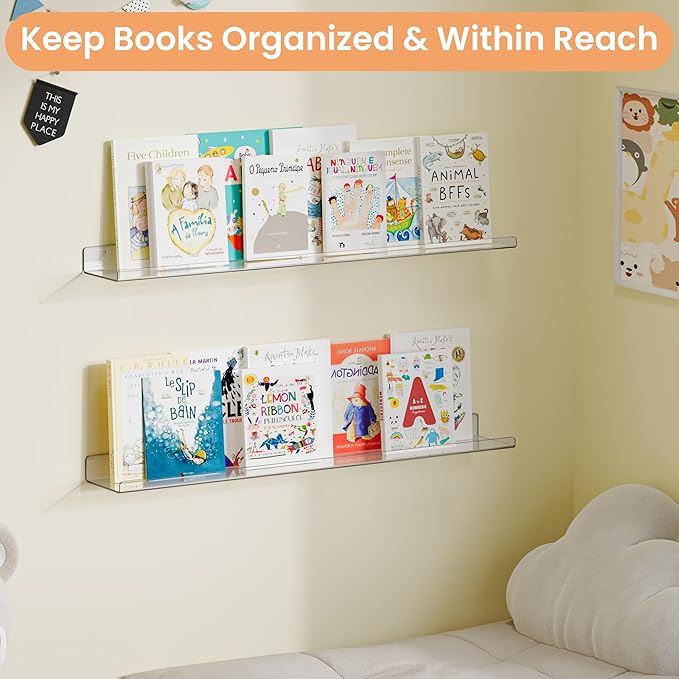 upsimples 35.5" Acrylic Shelves for Wall Storage and Organizer, 2 Pcs | Extended Shelf for Picture, Skincare, Perfume, Bag, Kitchen Spice Rack, Kids Bookshelf, Invisible for Displaying, Room Décor