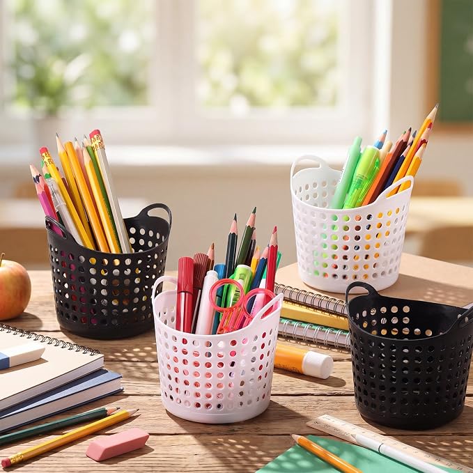 Weysat 36 Pcs Pencil Cup Bulk Plastic Pencil Basket Organizer Desk Basket for Pens Round Pens Holder for Classroom Back to School Office Home Crayon Stationery Organizer Supplies(Black and White)