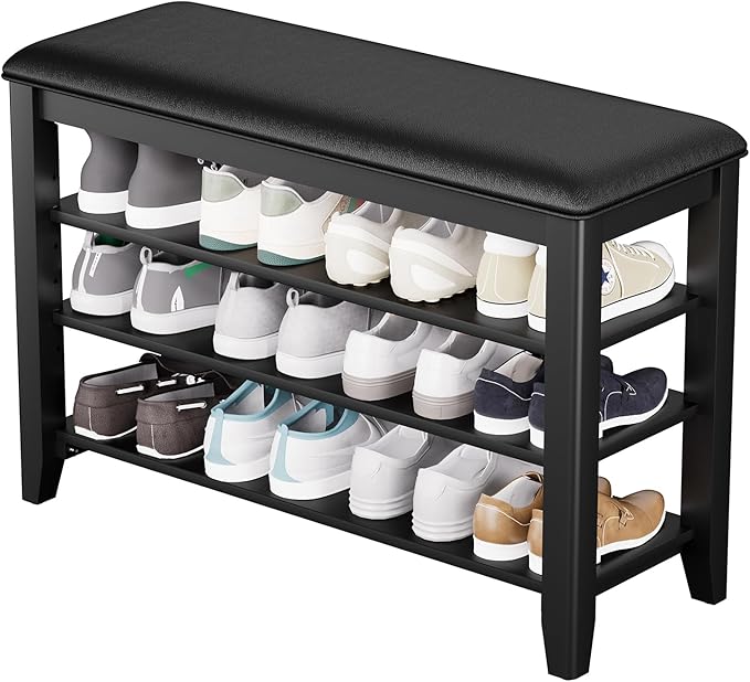 Taitiy Entryway Shoe Storage Bench, Shoe Organizer Bench for Entryway, Ideal for Hallways Front Doors Entrances Mudrooms Featuring Rubberwood and 3 Height-Adjustable & Removable Shelve