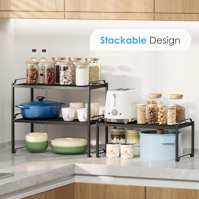 2 Pack 11” Depth Expandable Kitchen Cabinet Organizer Shelves, Metal Kitchen Countertop Organizers and Storage Shelving, Heavy Duty Stackable Storage Rack Shelf For Pantry Cupboard Counter Tabletop