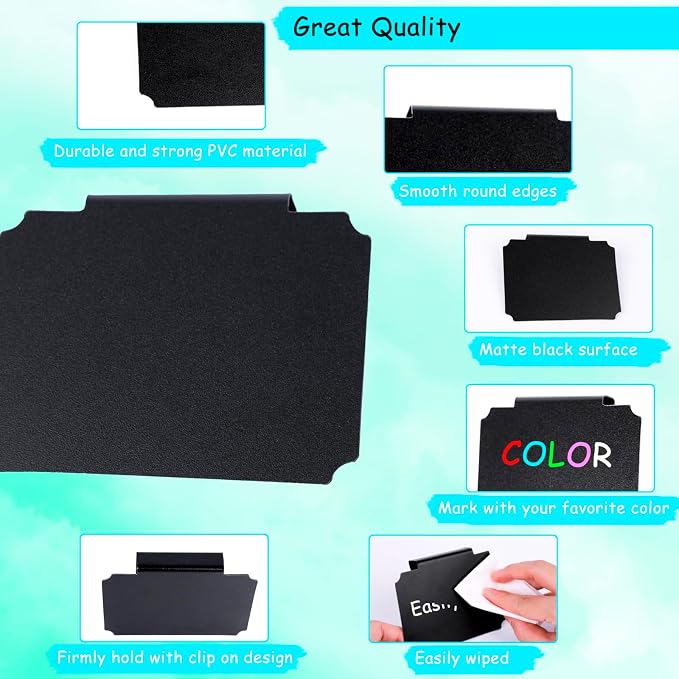20 Pieces Basket Labels Clip On Set for Storage Bins Kitchen Pantry Basket Box Cube Laundry Organization, with 32 Pieces Removable Chalkboard Tag Stickers and 12 Pieces Chalk Marker