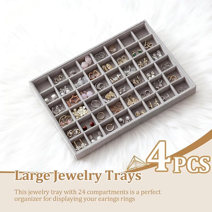 Large Stackable Jewelry Tray 4 Pack Velvet Jewelry Display Drawer Inserts Trays Organizer for Earring Bracelet Necklace Ring (Gray, 48 Grids)