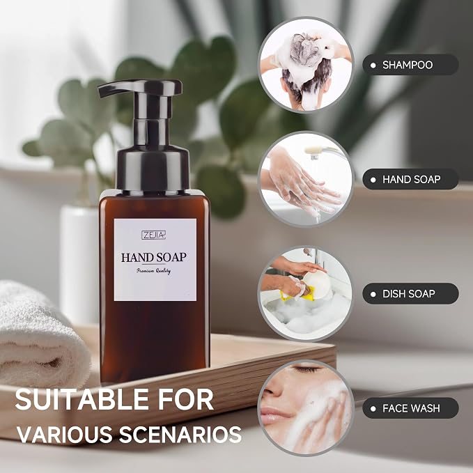 15OZ Foaming Soap Dispenser, 2-Pack Plastic Hand Soap Dispenser, Refillable Leakproof Foam Pump Bottle with Waterproof Labels, for Shampoo, Body Wash