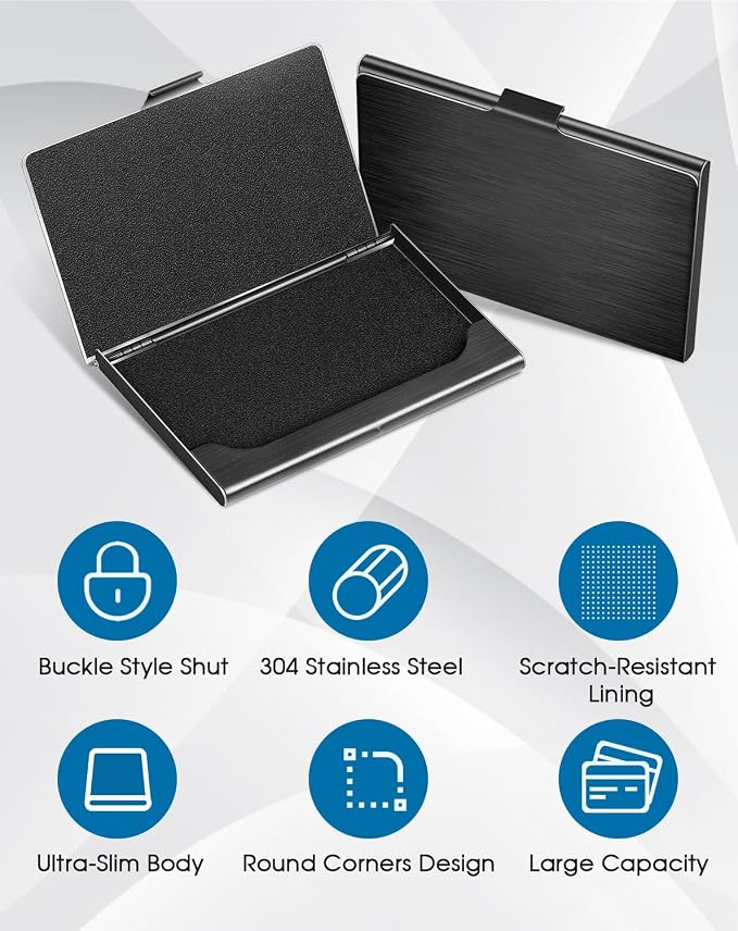 MaxGear Metal Business Card Holder for Men & Women, Professional Stainless Steel Card Case for Business Cards, Slim Purse Name Card Holders with Interior Lining, Buckle Style Shut, Black