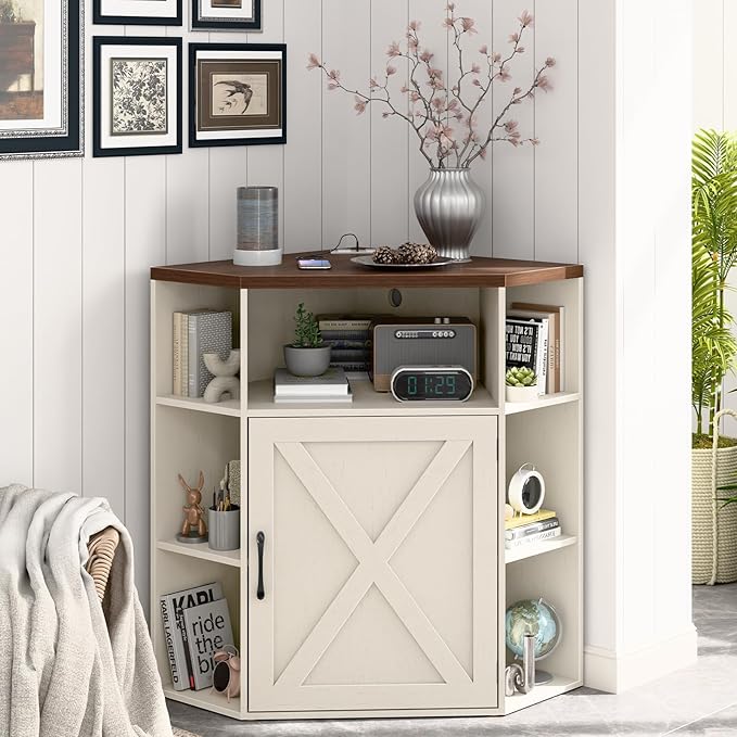 Halitaa Corner Storage Cabinet, Farmhouse Corner Bookshelf with Storage 6-Cubby Wooden Cabinet with USB Ports and Outlets Industrial Organizer for Small Space, Study, Playroom, Living Room