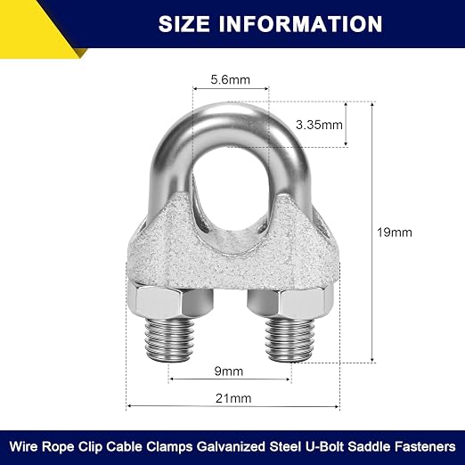 100 Pcs 1/8" M3 Wire Rope Clip Clamps Galvanized for Cable/Tent Rope | Galvanized iron, rust-proof, U-bolt & saddle, deep-thread, easy install, secures wire/rope for rigging/fences/guardrails
