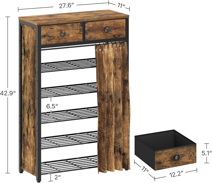 YATINEY 6-Tier Shoe Rack with 2 Non-Woven Drawers, Entryway Shoe Storage with Dust Cover, Metal Shoe Organizer, Space Saving Shoe Cabinet, for Entryway, Closet, Hallway, Rustic Brown and Black SS33BR