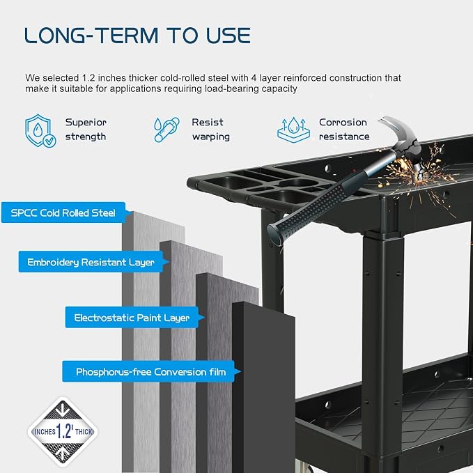 Plastic Utility Cart on Wheels, 40 x 17 Inch Rolling Service Cart-Black | 2 Shelf Work Carts, 500 lbs Capacity Heavy Duty Tool Cart W/Tub Storage & Deep Shelve, for Warehouse, Garage, Cleaning