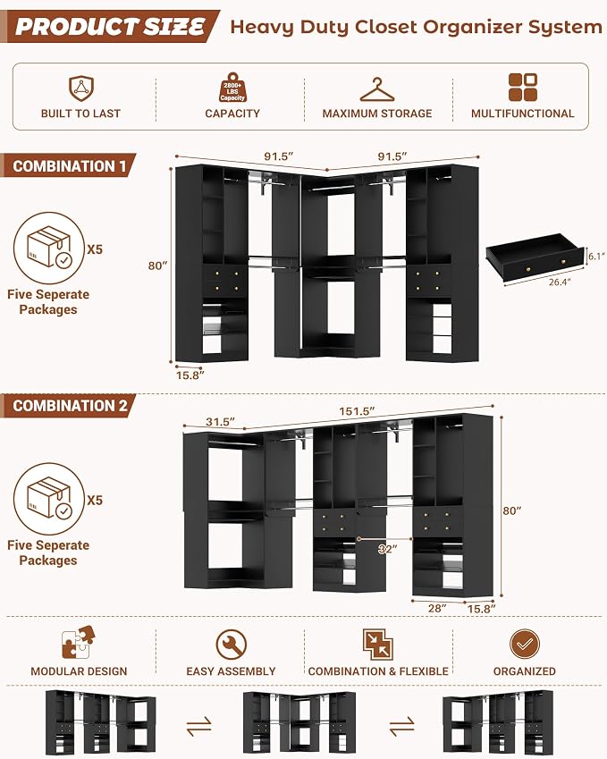 Closet System (Set of 3) with 4 Drawers, 8 Hanging Robs, 91.5"/151" Closet Organizer System with Corner Tower, Reversible Walk-in Closet System Corner Closet System, Black