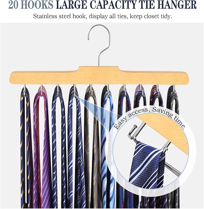2PC Tie Rack Hanger for Closet, Upgraded Tie Holder Organizer for Men, Wood | Non Slip Neck Tie Organizer with 20 Foldable Hooks, Belt Hanger Space Saving, Fits for Tank Tops Bras Cami Scarves