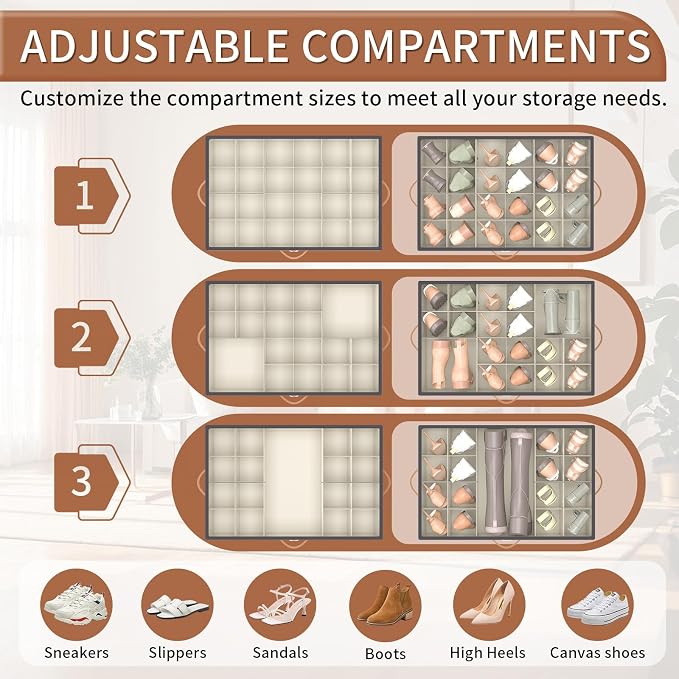 Shoe Organizer for Closet, 2 Pack Shoe Storage Organizer with Wheels and Adjustable Dividers, Stackable Shoe Storage Box with Clear Cover, Foldable Closet Shoe Organizer Fits up to 24-48 Pairs, Gray