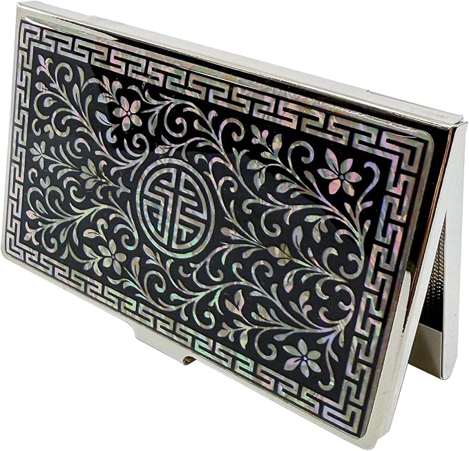 Mother of Pearl Business Card Case Credit Id Name Holder Travel Wallet Art Painting Design Metal Stainless Steel Engraved Slim Purse Pocket Cash Money Wallet (N_Arabesque)