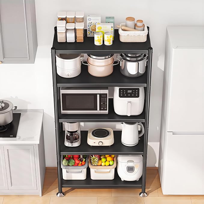 5 Tier Adjustable Storage Shelves, Heavy Duty Metal Storage Rack with Wheels, Shelving Units Utility Shelf for Kitchen, Pantry, Bathroom, Garage, Office Organization and Storage, Black, 13"x24"x59.7"