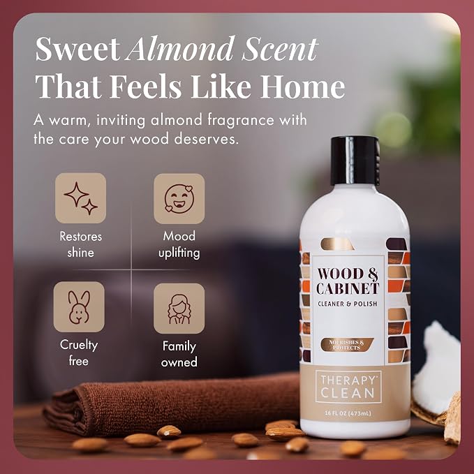 Therapy Wood Cleaner and Polish - Cabinet & Table Restorer (16 oz) | Includes microfiber cloth. Almond scent, natural conditioning formula. Restores wood cabinets, tables & furniture. 16oz