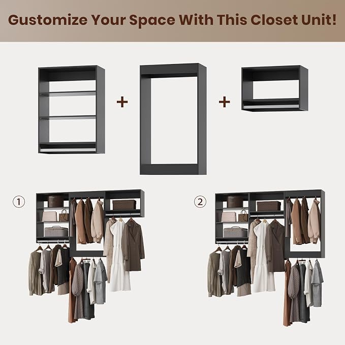 ROOMTEC Modular Closet System, 78" Closet Organizer with Hanging Rods, Wall-Mounted Wooden Tower for Walk-In Closets, Wardrobe Storage Kit, Black