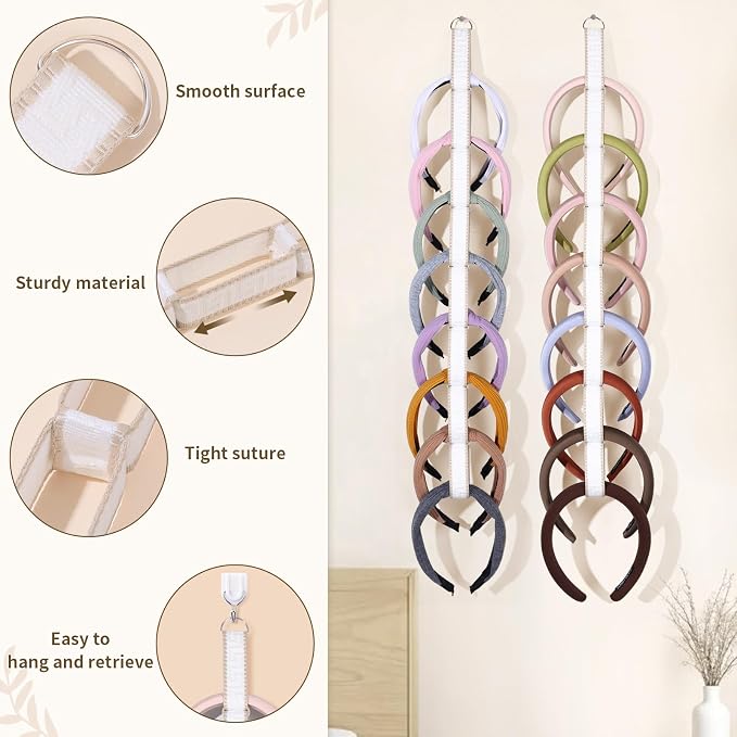 3 PCS Headband Holder Organizer for Girl,Hanging Hairband Storage for Women,Brown Hair Hoop Display Hair Accessories Organizer Bedroom College Dorm Decor (Cream textured)