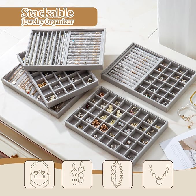 Large Jewelry Organizer for Drawer Insert Velvet Stackable Jewelry Trays for Earring Necklace Bracelet Ring Display (Gray, 35 Grids)