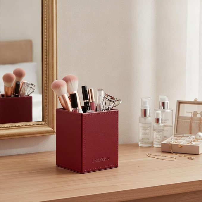 UnionBasic Square Pen Holder, Leather Pencil Cup, Desktop Caddy Stationery Organizer (Burgundy)