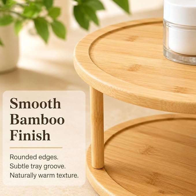 2 Tier Wooden Lazy Susan Organizer, 360 Degree Rotating Medicine Cabinet Turntable for Bathroom, Kitchen Cupboard, Countertop, Pantry and Spice Bottle Storage