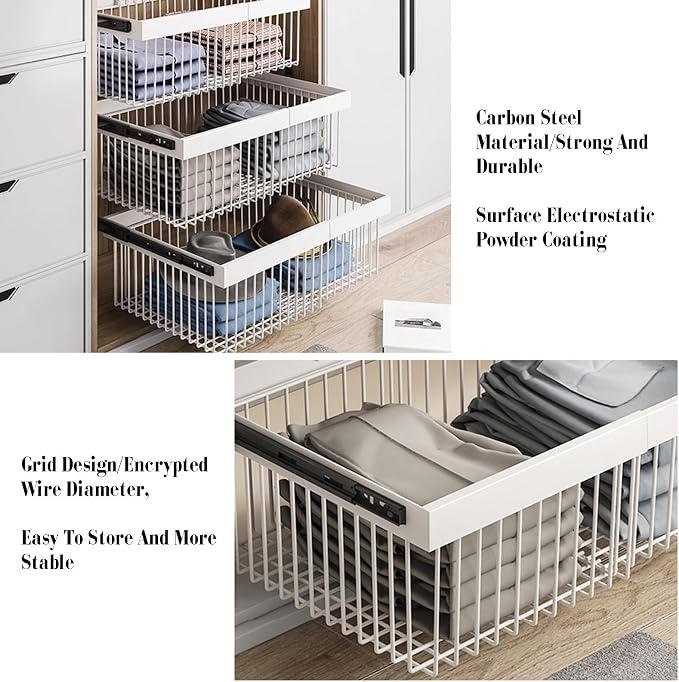 Closet Pull-Out Basket,Carbon Steel Stackable Storage Bins,Stackable Shelf Baskets Organizer,Adjusted Width for Bedroom Office Bathroom(18.11-27.55in)