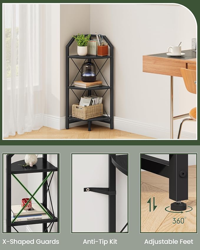 CHOEZON 3-Tier Corner Shelf, Industrial Corner Bookshelf, 35.4" Storage Stand, Plant Stand Display Shelf, Bookcase for Bedroom, Living Room, Home Office, Black TCJ03BB ﻿