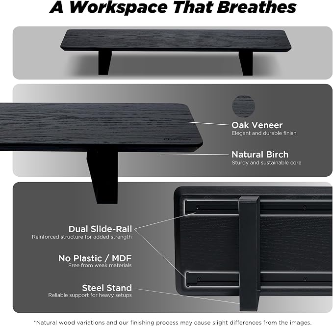 ULTRARM Moodular Wooden Monitor Stand Desk Organizer, Standard 33.4" Black | Customizable Organized Workspace, Aluminum Slide Rails, 10 Add-Ons Sold Separately: Storage Drawer, Tablet, Phone & More