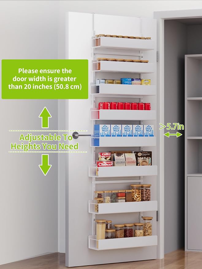 8-Tier Over Door Pantry Organizer, Metal Hanging Storage Rack for Kitchen Bedroom White