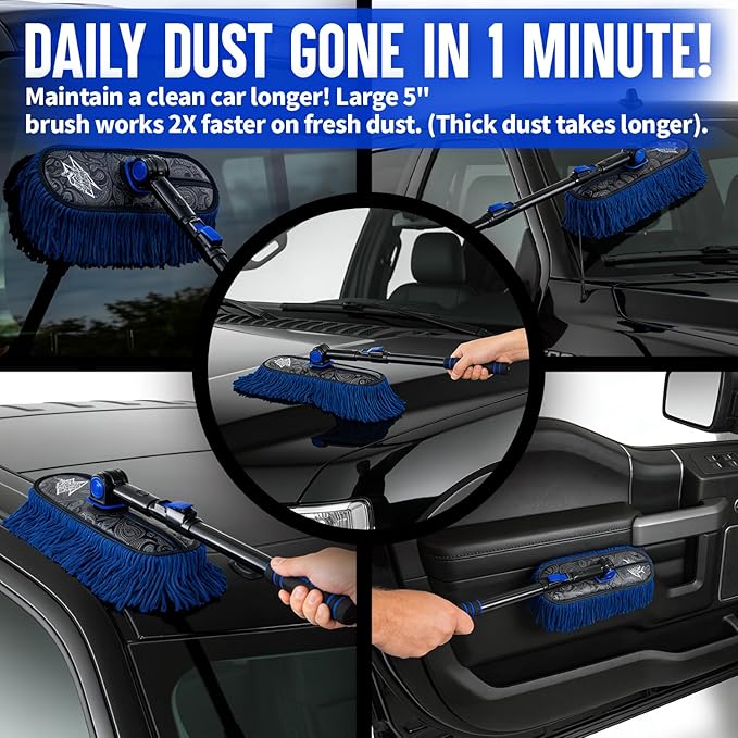 Flash Dog Car Duster Exterior with Car Duster Interior Wax Cotton Hair Scratch Free Cleaning for Cars, SUVs, Trucks | Waterless Dust Remover & Detailing Brushes Set with Storage