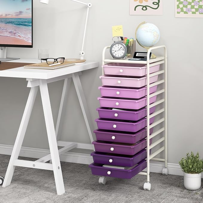 DREAMADE Rolling Cart with Storage Drawers, Utility Cart w/Removable Plastic Drawers, Lockable Wheels, Art Cart for Classroom Organization Art Supplies Office Scrapbook (10 Drawers, Gradient Purple)