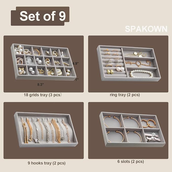SPAKOWN Jewelry Trays Organizer for Drawer, 9 Set of Small Jewelry Display Case Storage Velvet Stackable Drawer Inserts Organizer for Necklaces Bracelets Earrings Rings (Grey)