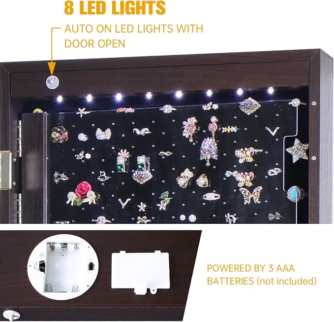 8 LED Lights Jewelry Armoire with Mirror - 47.3' H Cabinet Door Hanging/Wall Mounted Mirror With Storage And 2 Drawers - Brown