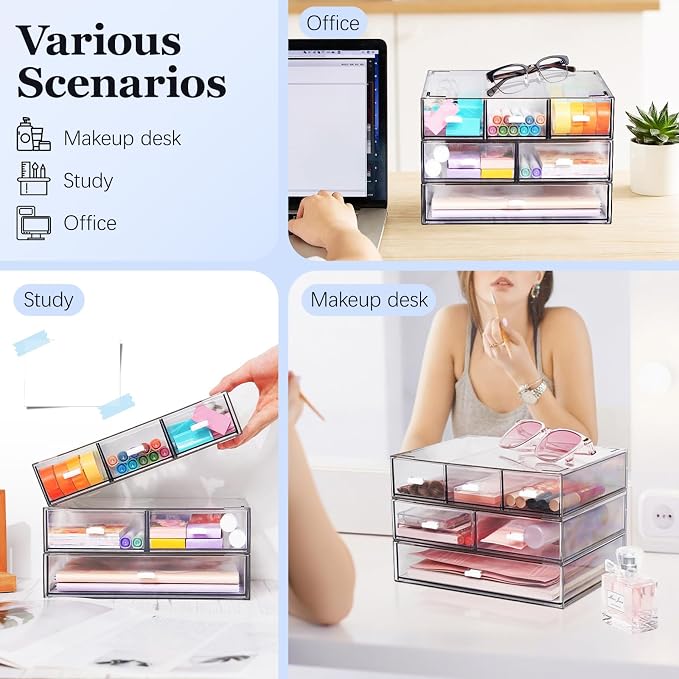 3 Tier Stackable Desk Organizer with 6 Drawers, YOCOMEY Plastic Desktop Storage Box Drawers, Detachable Makeup Storage Office Stationery Supplies Organizer for Office School (All Clear)