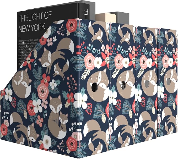 ANSSDO 6 Pack Cardboard Magazine Holder File Organizer - Black Floral | 12 Pieces Lable Included; Easy Assemble and Label; Large Volume Recycable Storage Box for Letter-sized Documents or Textbooks