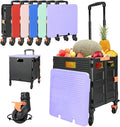 SELORSS Foldable Utility Cart Portable Rolling Crate Handcart Shopping Trolley Collapsible Tool Box with Rotate Wheels Durable Duty Plastic Telescoping Handle Lid for Travel Move Office School(Purple)
