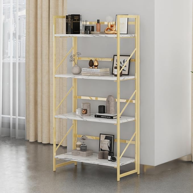 JSB 4 Tier No Assembly Folding Bookshelf, Foldable Storage Bookcase for Home Office, Space-Saving Storage Shelf for Living Room, Bedroom, Office (White&Gold)