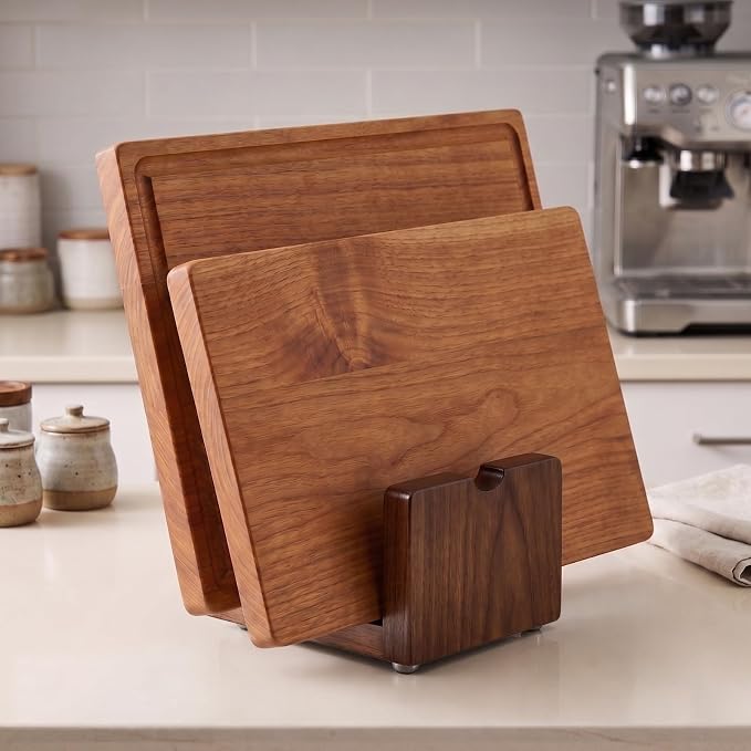 Acacia Wood Cutting Board Holder, Pot Lid Organizer Rack, Heavy Duty Wooden Storage Stand for Chopping Boards, Bakeware & Plates with Non-Slip Feet