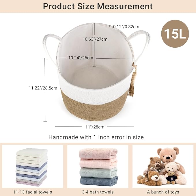 Mkono Woven Storage Basket Decorative Rope Basket Wooden Bead Decoration for Blankets,Toys,Clothes,Shoes,Plant Organizer Bin with Handles Living Room Home Decor, 11" W × 11" L, Cream White and Brown